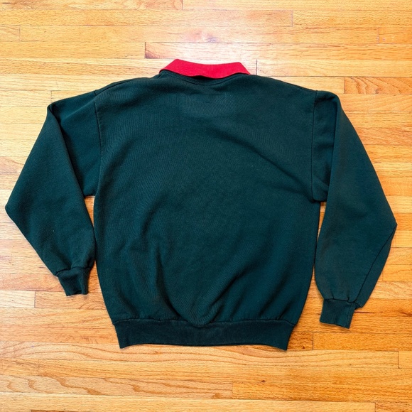 Vintage 90s Christmas Golf Sweatshirt Green Red Collar Reindeer Holiday Graphic - Picture 5 of 9